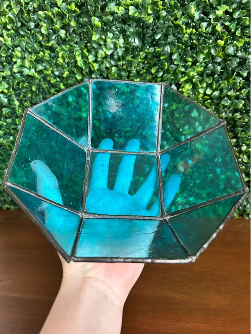 Blue Teal Stained Glass Leaded Geometric Display Bowl 7.5”